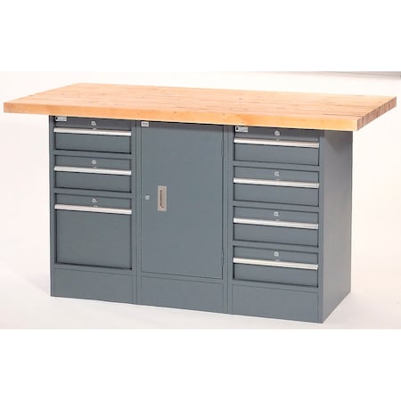 Global Industrial Workbench w/ Maple Square Edge Top, 7 Drawers & 1 Cabinet, 60inW x 30inD, Gray 239156